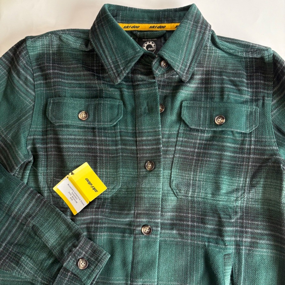 Ski-Doo Women's Medium Lifestyle Plaid Shacket Green Black Overshirt Button NEW‎